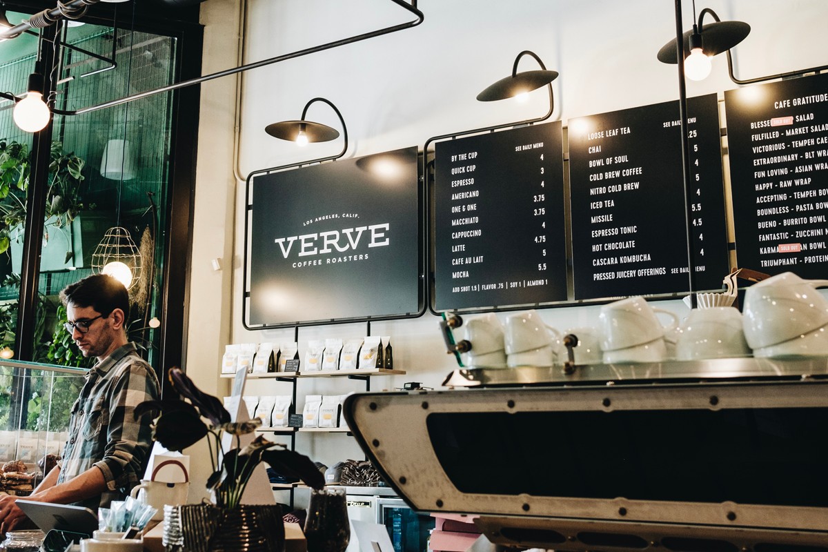 The interior of Verve Coffee Roasters on Spring St in LA.