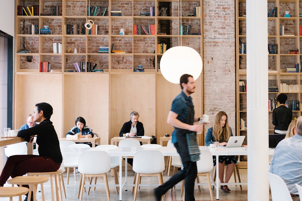 People at Blue Bottle Bradbury coffee shop.